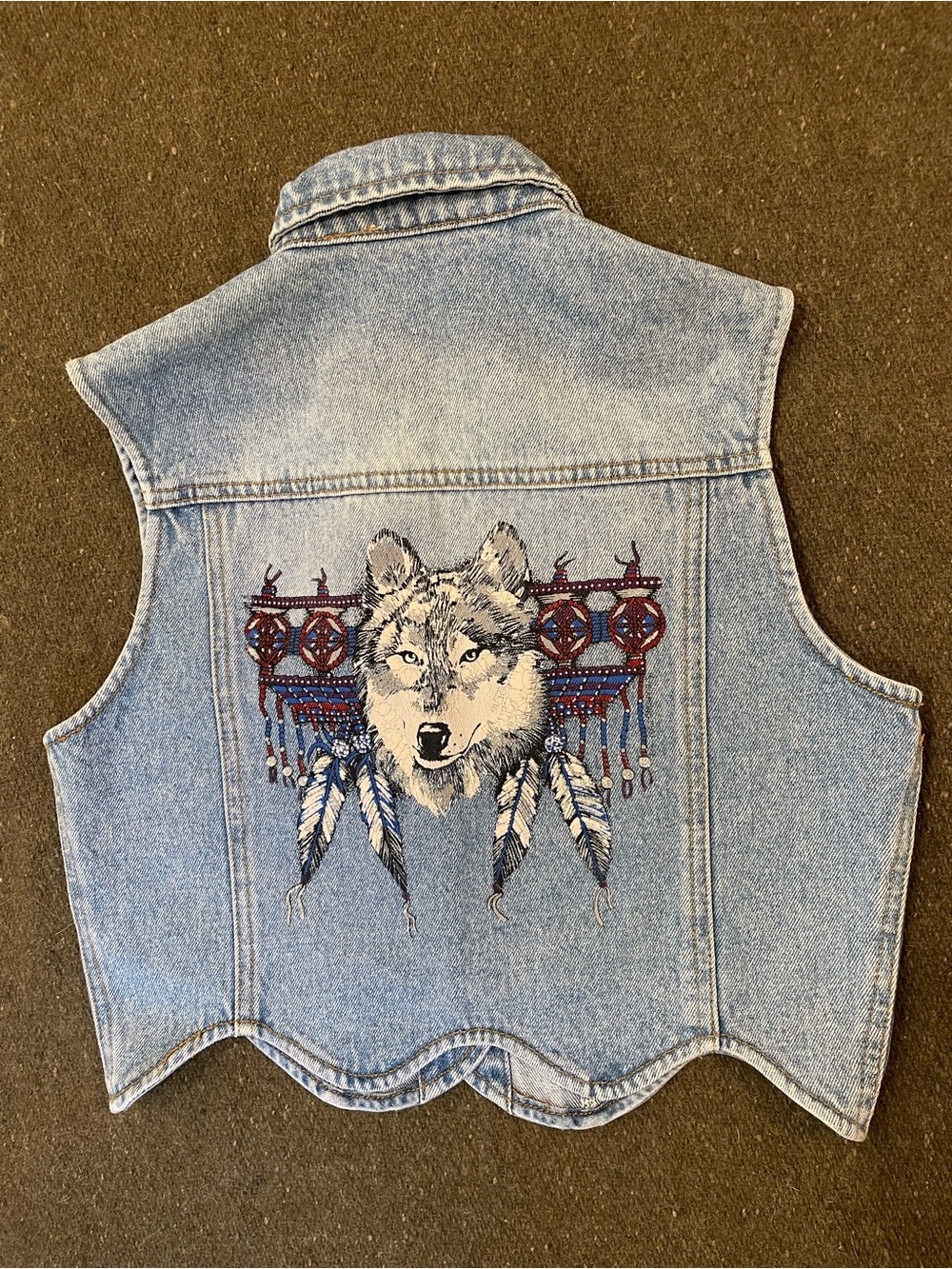 VTG 90s Zana Di Wolf Graphic Denim Vest Scalloped Hem Cropped Southwestern S